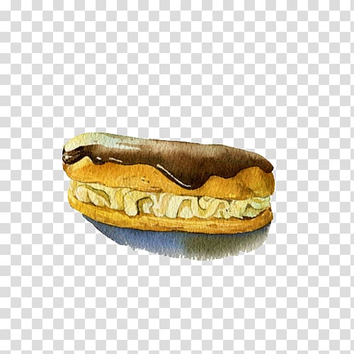 xc9clair Profiterole Hot dog Watercolor painting, Chocolate Bread hand painting material transparent background PNG clipart