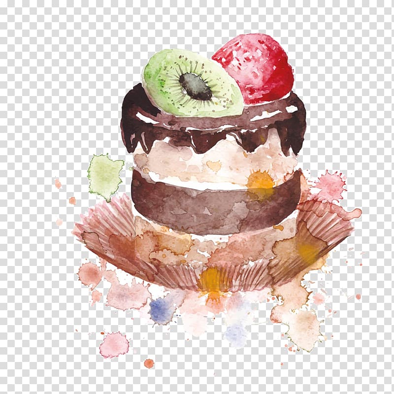 black and white coated cake drawing, Birthday cake Macaron Cupcake Waffle, Hand-painted watercolor cake transparent background PNG clipart