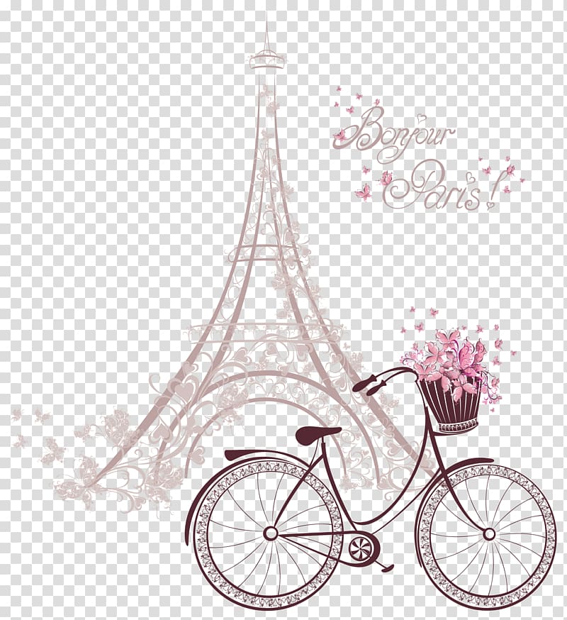 Eiffel Tower Notre-Dame de Paris , The pink tower under the bike , Eiffel Tower and bicycle artwork transparent background PNG clipart