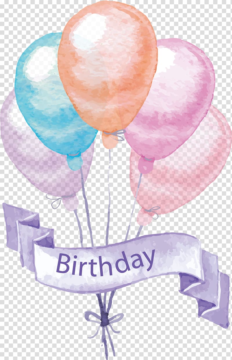 five assorted-color balloons, Birthday cake Greeting card Balloon Party, Cartoon hand colored balloons transparent background PNG clipart