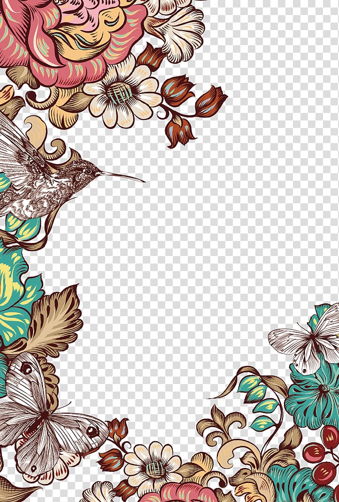 multicolored flower artwork, Butterfly Flower, Hand-painted bird butterfly flower border transparent background PNG clipart