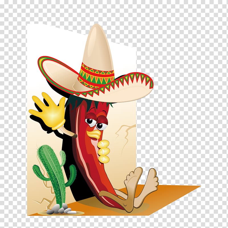 Bell pepper Chili con carne Mexican cuisine Chili pepper Guacamole, wearing a hat of chili transparent background PNG clipart