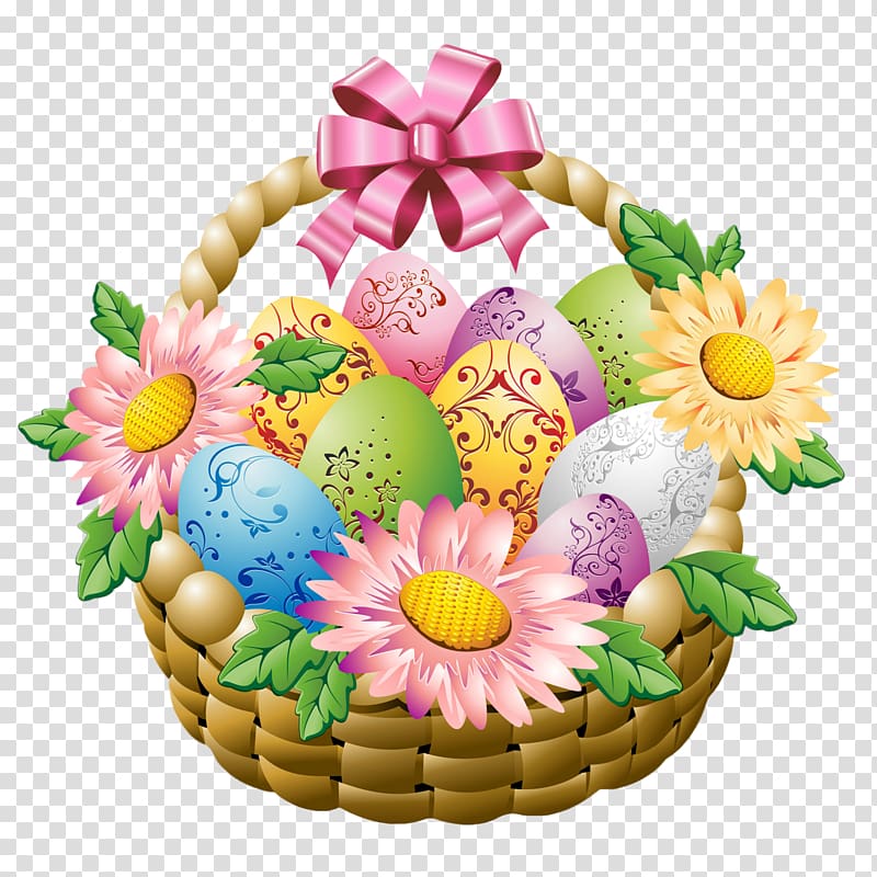 easter eggs illustration, Egg in the basket Easter egg, Easter Basket with Easter Eggs and Flowers transparent background PNG clipart