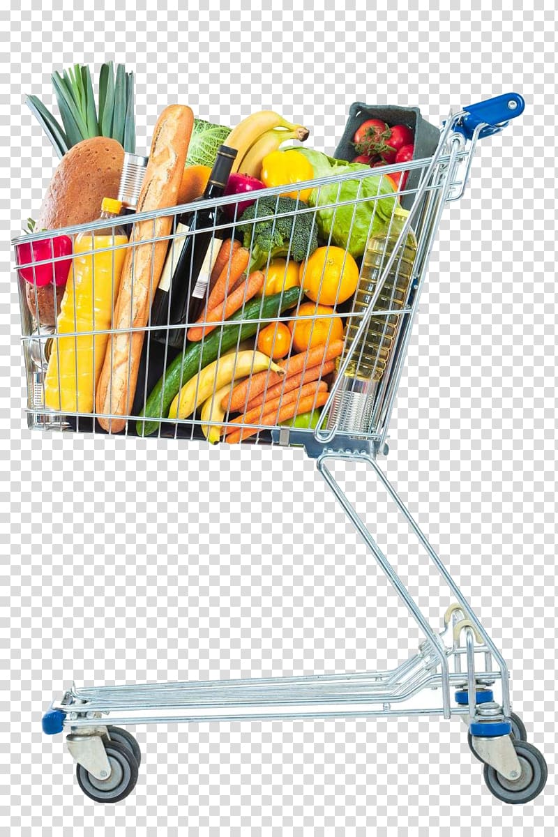 cart of vegetables and fruits illustration, Shopping cart Supermarket Grocery store, Shopping cart full of stuff transparent background PNG clipart