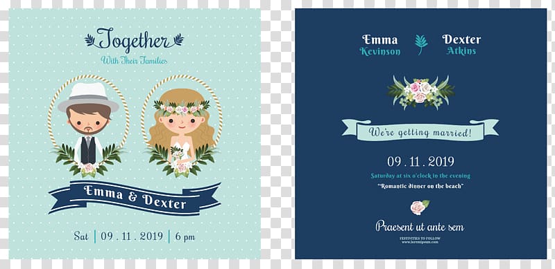 Emma & Dexter invitation screenshot, Wedding invitation Bridegroom Illustration, Cartoon wedding invitation design transparent background PNG clipart