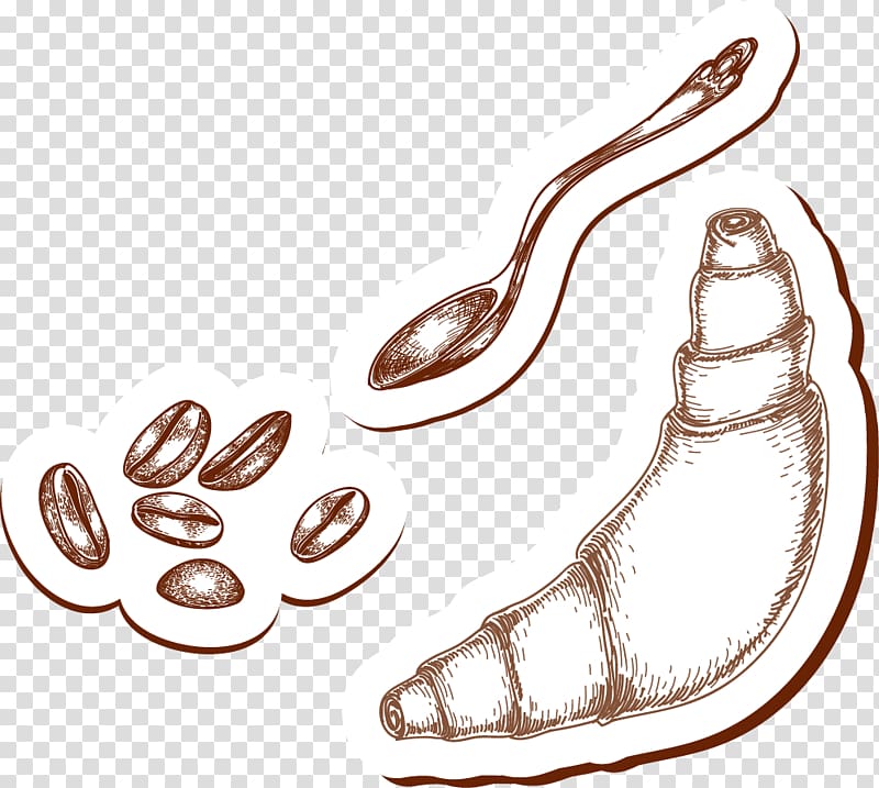 Coffee Croissant Cafe, Hand painted horns with coffee beans transparent background PNG clipart