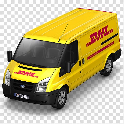 yellow Ford panel van, compact van model car commercial vehicle, DHL Van Front transparent background PNG clipart