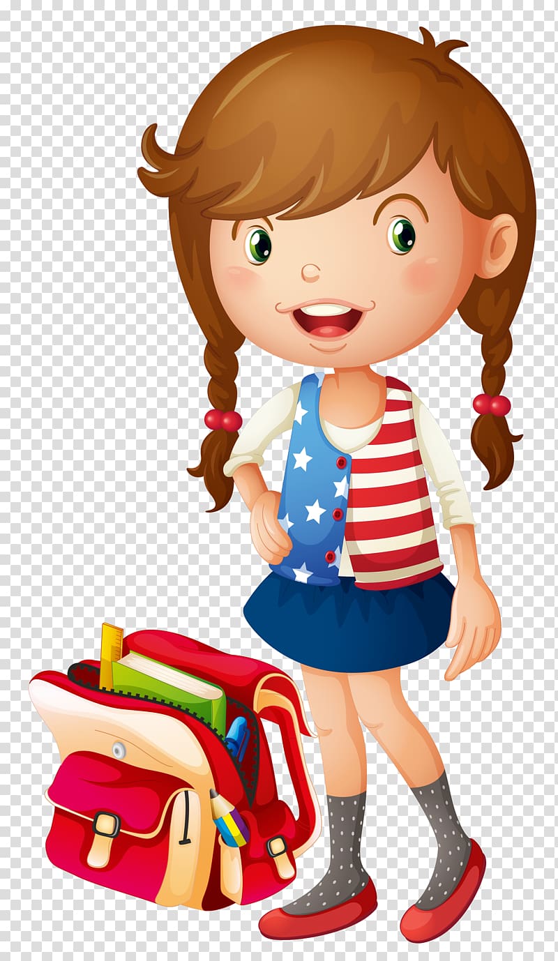 brown haired girl in dress beside backpack , School Bag Illustration, cartoon little girls transparent background PNG clipart