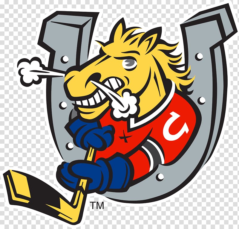 yellow horse holding hockey stick logo, Barrie Colts Logo transparent background PNG clipart