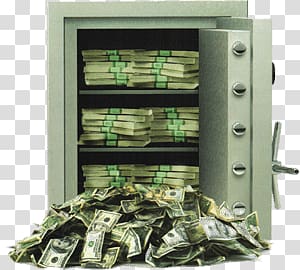 gray combination safe, Money Vault Dollars Spilling Out transparent background PNG clipart