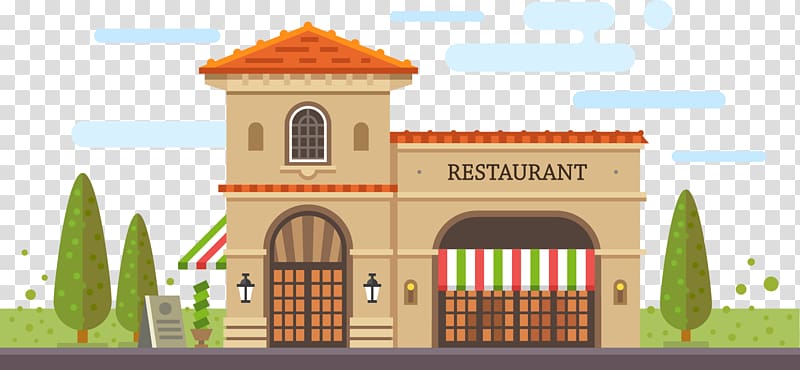 Cafe Restaurant Building Pizza, Flat views of the city material transparent background PNG clipart