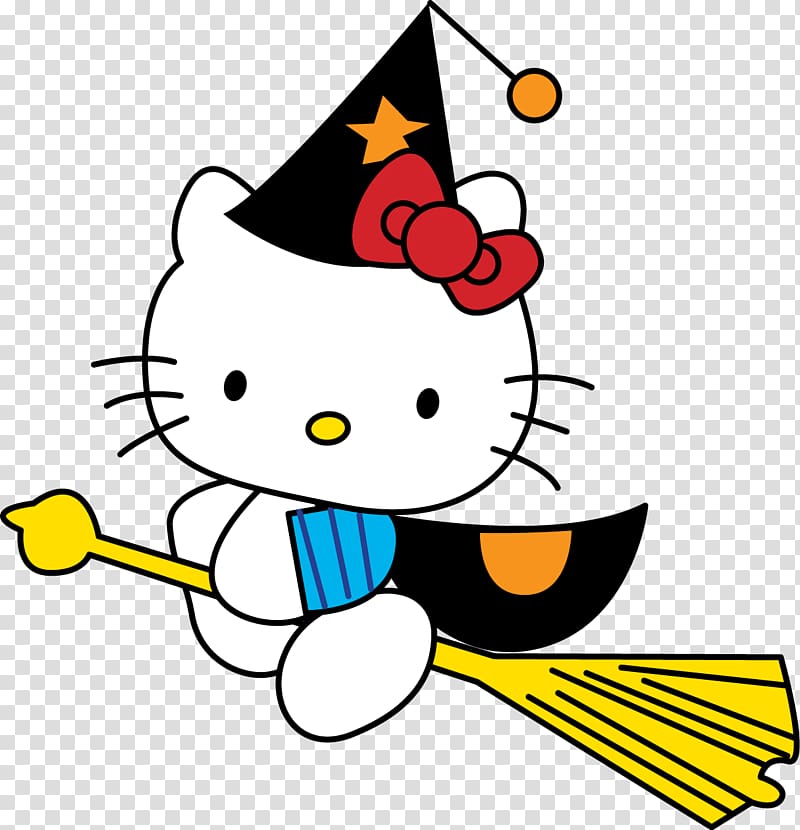 white and multicolored Hello Kitty riding broom art, Hello Kitty, Hello Halloween! Coloring book Drawing, hello transparent background PNG clipart