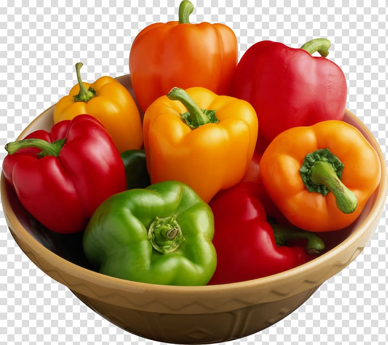 assorted-color bell peppers on brown ceramic bowl , Bell pepper Chili pepper Food, Pepper transparent background PNG clipart