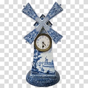 blue and white floral windmill clock, Delft Windmill Clock transparent background PNG clipart