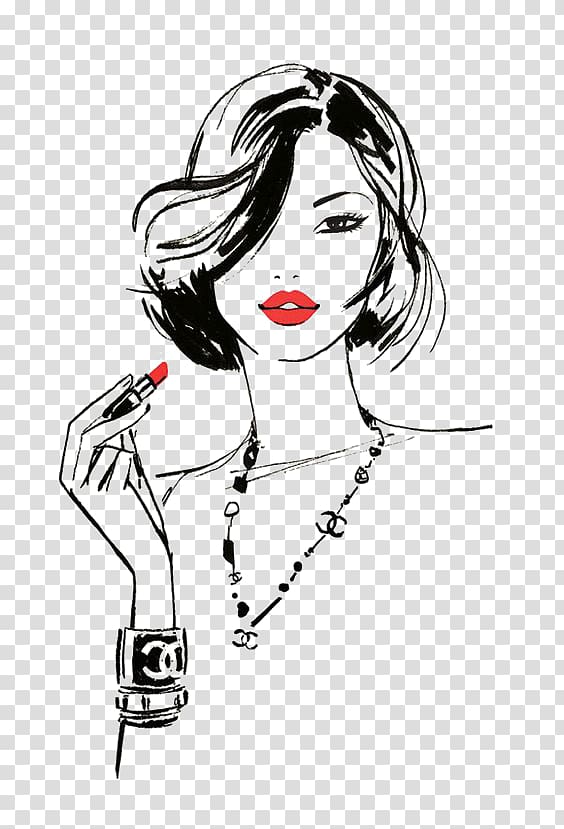Chanel Fashion illustration Drawing Illustration, Red lips girls, woman holding lipstick cartoon illustration transparent background PNG clipart