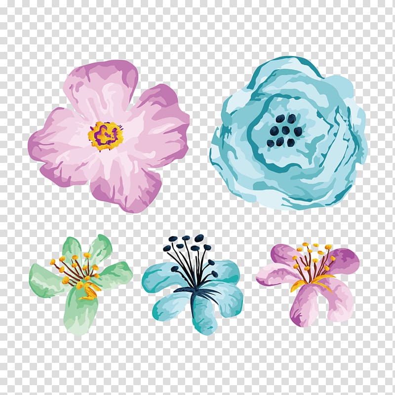 Flower Illustration, Hand painted flower illustration illustration, teal and pink flowers illustration transparent background PNG clipart