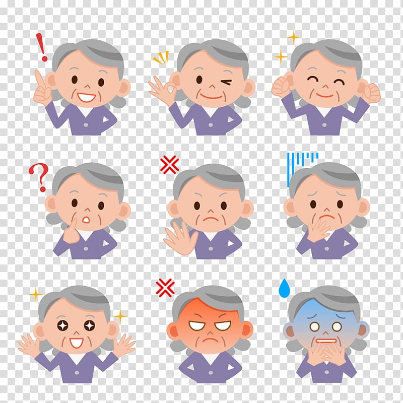 Woman Emotion Illustration, Grandma expression package transparent background PNG clipart