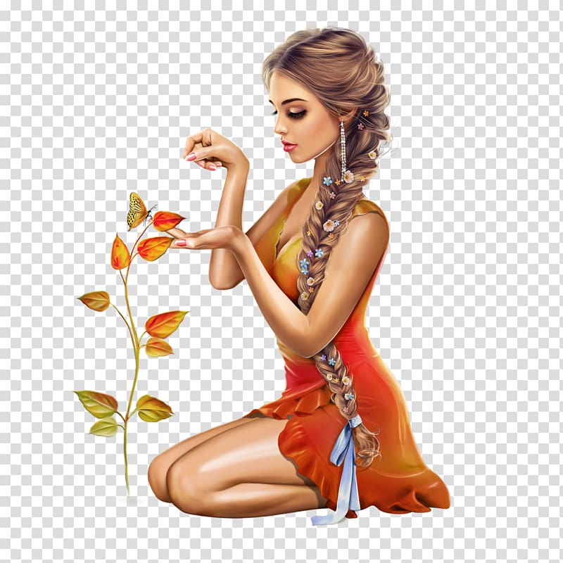 woman holding red leaves art, Girl Cartoon Drawing, fantasy women transparent background PNG clipart