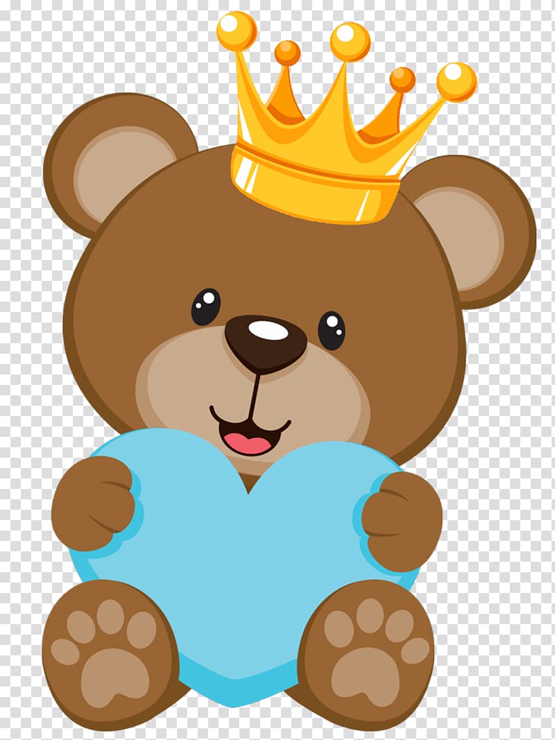 brown bear with yellow crown holding blue heart illustration, Teddy bear Baby shower Infant , SALVAJE transparent background PNG clipart