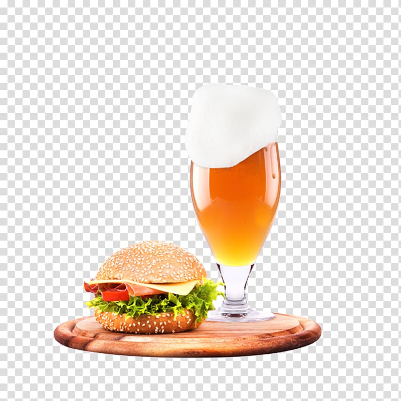 Beer Hamburger Cheeseburger French fries Chicken sandwich, Beer + Burger transparent background PNG clipart