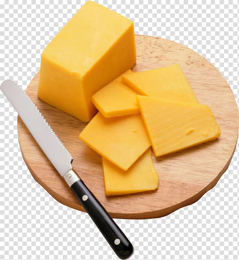 cheese in chopping board beside knife, Cheese Milk , Cheese sliced transparent background PNG clipart