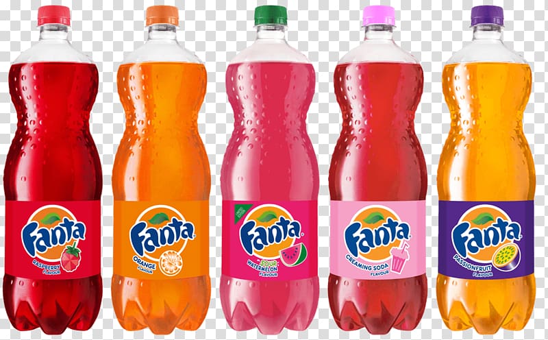 five assorted-flavor Fanta soda bottles, Range Of Fanta Bottles transparent background PNG clipart