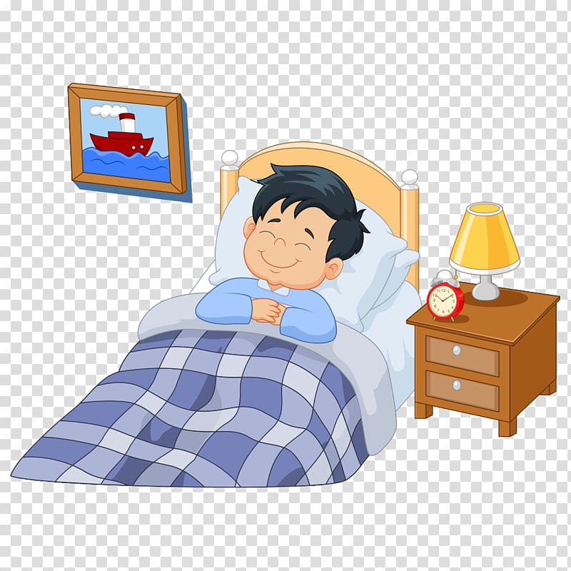boy sleeping on bed smiling artwork, A Girl Asleep Cartoon Illustration, Sleeping boy with a smile transparent background PNG clipart
