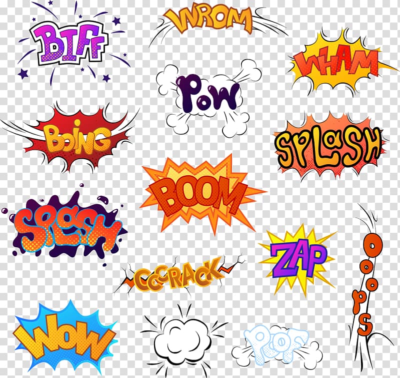 assorted sticker lot, Comic sound Comics Cartoon Illustration, English explosion stickers transparent background PNG clipart