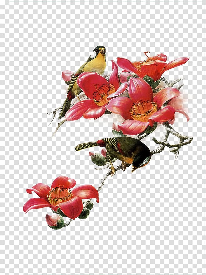 two short-beak birds perching on red petaled flowering branch , China Bird Art Painting Painter, Bird transparent background PNG clipart