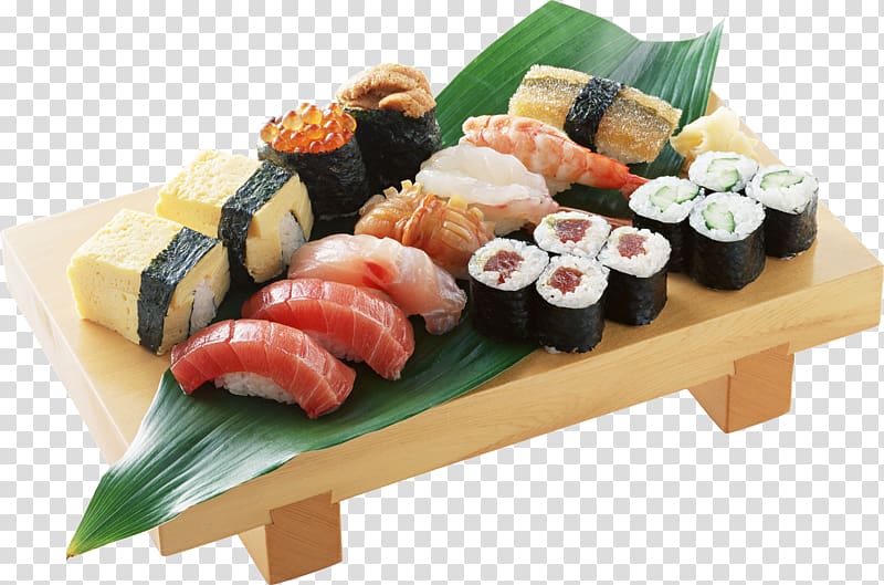 sushi platter, Sushi Japanese Cuisine Fusion cuisine Sashimi California roll, Sushi transparent background PNG clipart