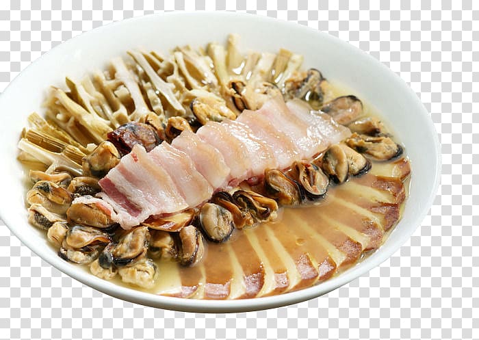 Menma Seafood Mussel Vegetarian cuisine Bacon, Bacon bamboo shoots steamed mussels transparent background PNG clipart