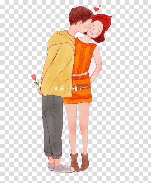 boy kissing girl's cheek, The Lovers Cartoon Drawing couple, Cartoon couple transparent background PNG clipart