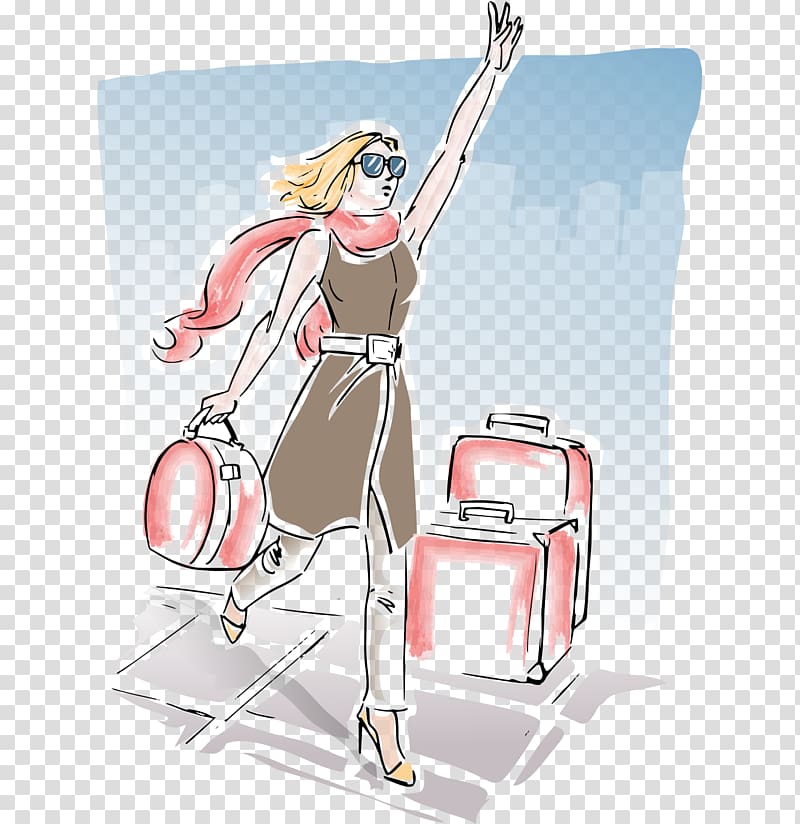 Travel Girl Illustration, Strokes painted cartoon car trunk lifting beauty transparent background PNG clipart