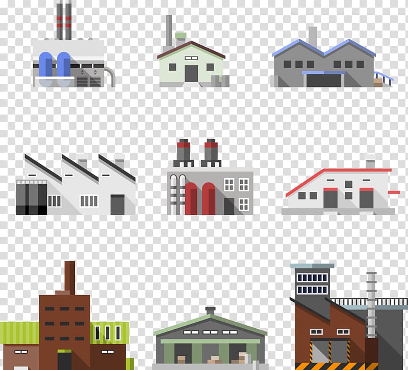 assorted building illustration collage, Factory Building Industry, nine kinds of workshop and warehouse plant transparent background PNG clipart