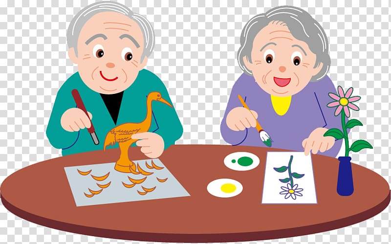 woman painting flower and man carving duck illustration, Old age Cartoon Illustration, Elderly couple transparent background PNG clipart