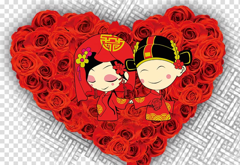 Wedding invitation Chinese marriage Paper, Bride and groom on a heart-shaped roses transparent background PNG clipart