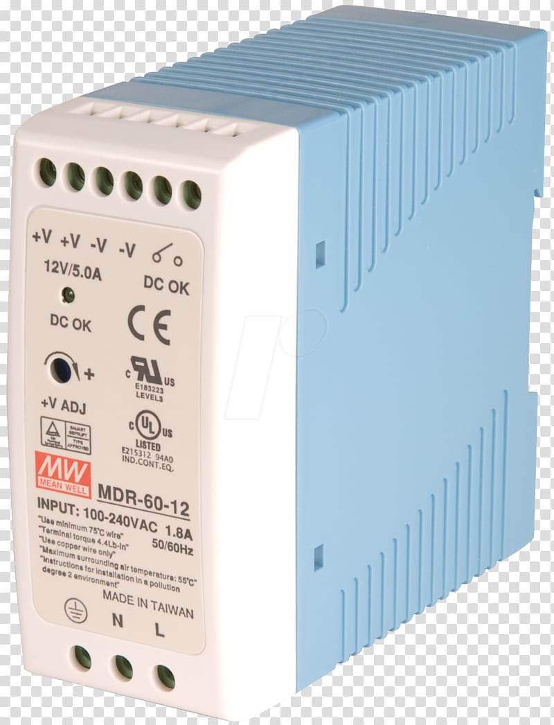 Power supply unit DIN rail Power Converters MEAN WELL Enterprises Co., Ltd. Switched-mode power supply, Electrical Equipment transparent background PNG clipart