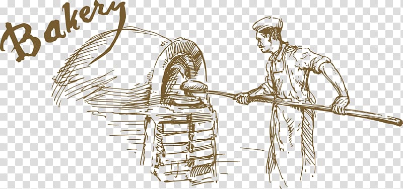 baker holding rod putting bread to oven sketch, Bakery Pizza Drawing, Chef baking bread transparent background PNG clipart
