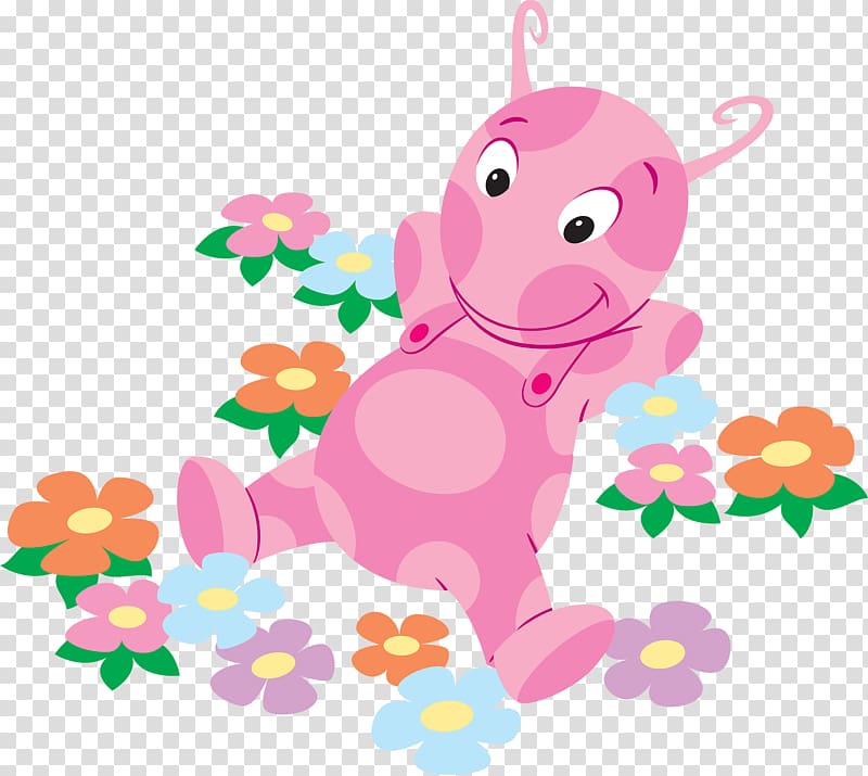 pink animal cartoon character graphic art, Uniqua Lying In Bed Of Flowers transparent background PNG clipart