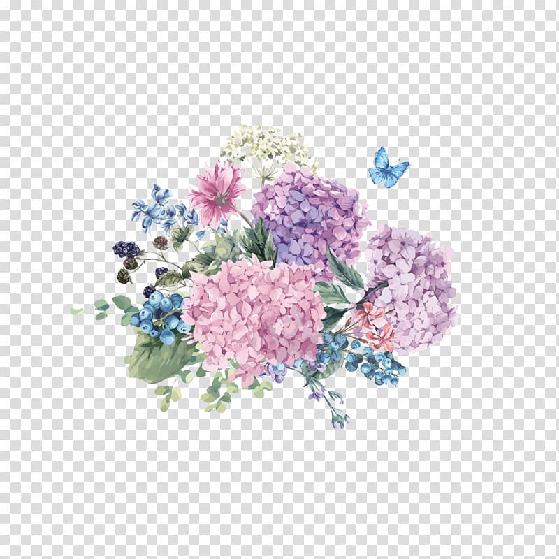 pink and purple flowers , Hydrangea Flower Watercolor painting Illustration, Butterfly flowers hand painted free to pull transparent background PNG clipart