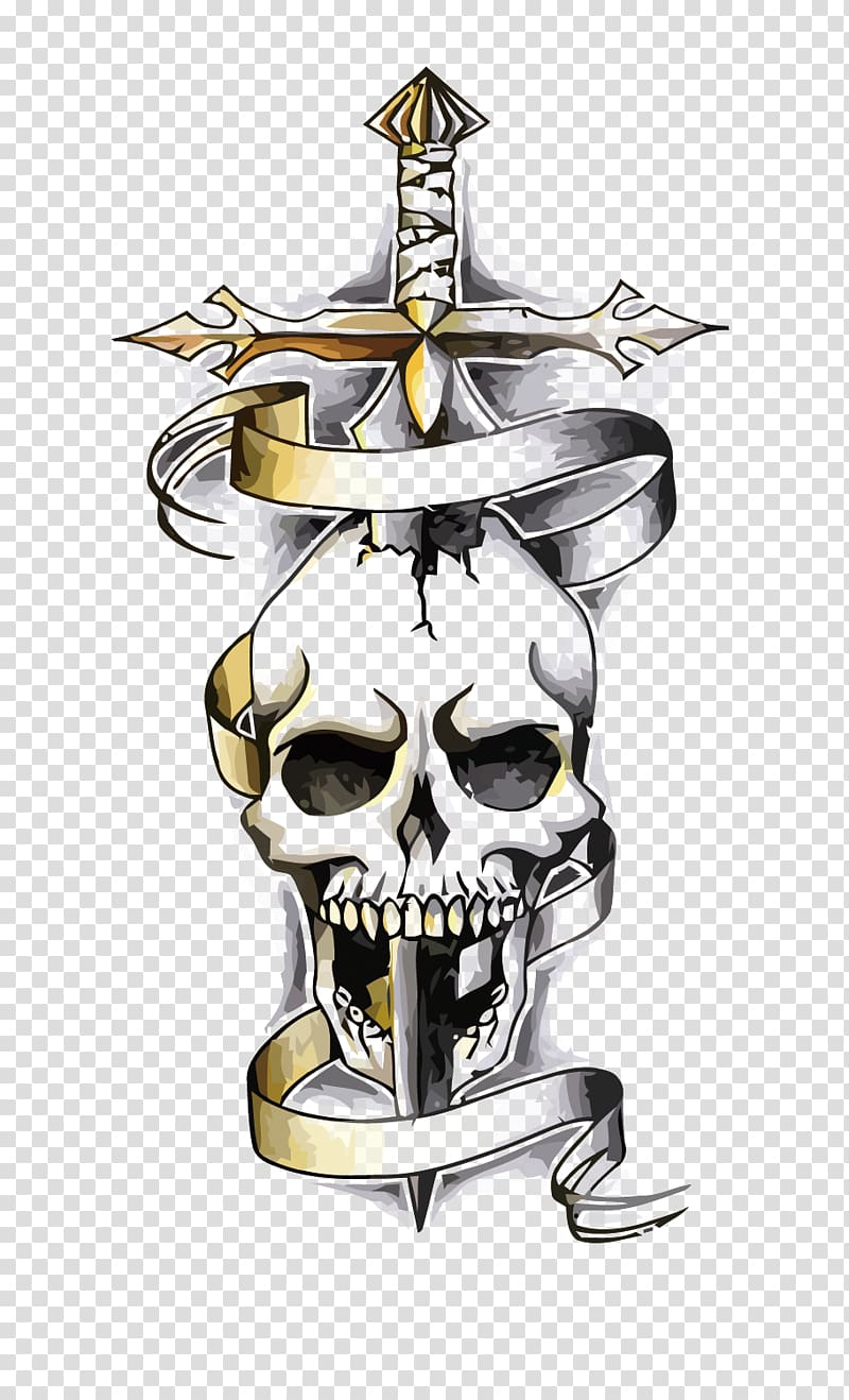 sword and skull tattoo illustration, Snake Dragon Human skull symbolism Tattoo Drawing, skeleton transparent background PNG clipart