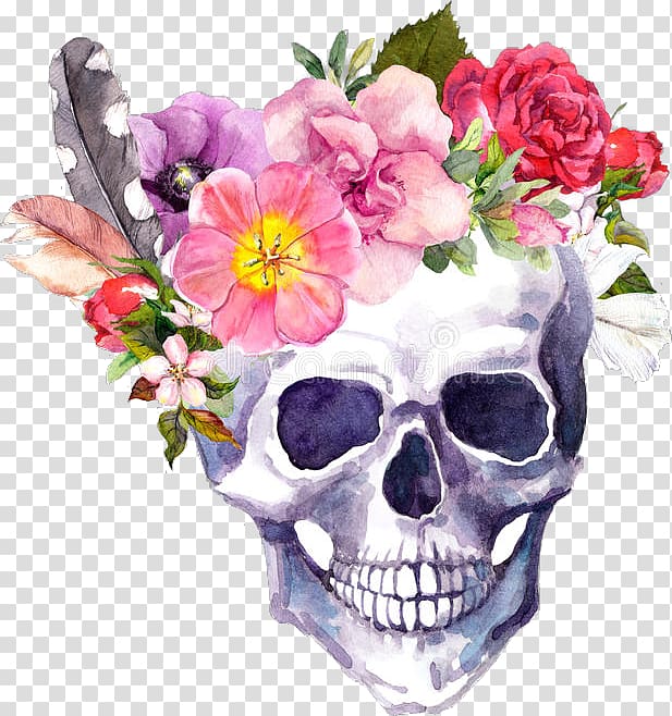 human skull and flowers illustration, Skull Calavera Flower Floral design, skull transparent background PNG clipart
