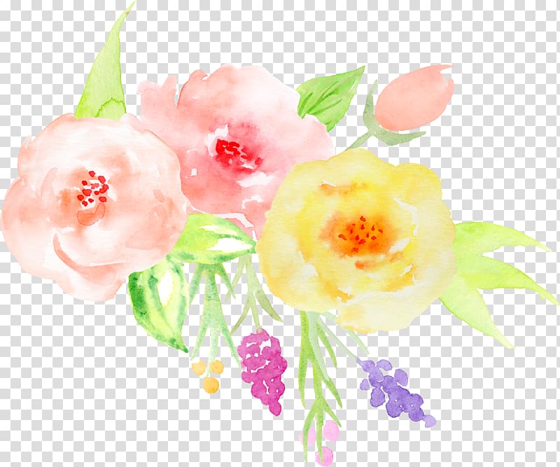 pink and yellow petaled flowers , Hand-painted watercolor roses decorative elements transparent background PNG clipart