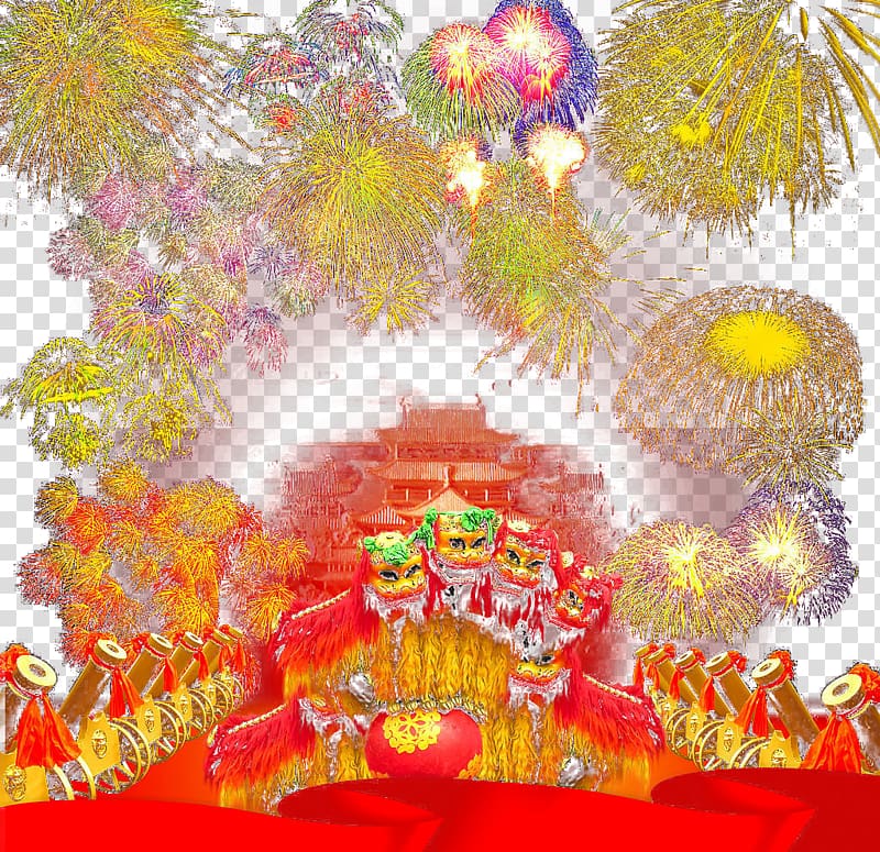 Fireworks lively lion dance transparent background PNG clipart