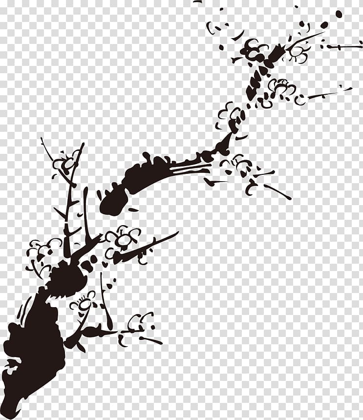 Ink wash painting Ink brush Plum blossom, Plum flower transparent background PNG clipart