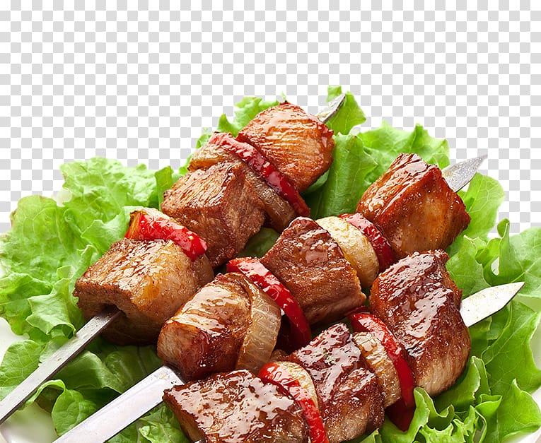 three pork barbecues, Barbecue Shish kebab Shashlik Skewer, Vegetables Beef Kebabs transparent background PNG clipart