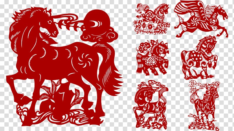 Chinese New Year Chinese zodiac Horse Chinese calendar Rooster, Paper cut,Grilles,new Year,Chinese New Year transparent background PNG clipart