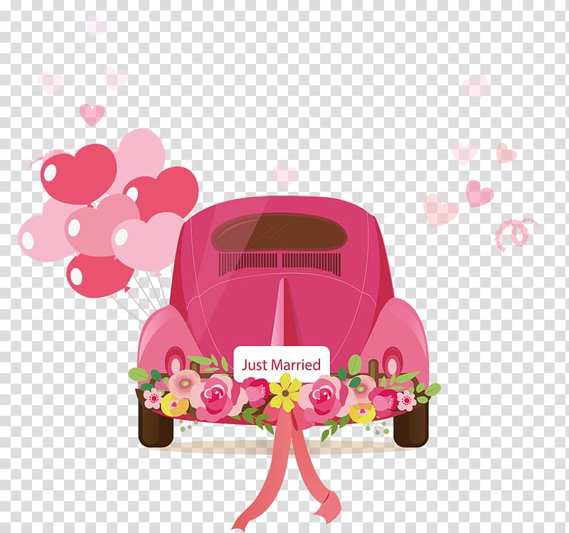 pink vehicle with Just married and flowers illustration, Wedding invitation Marriage, Cartoon car transparent background PNG clipart