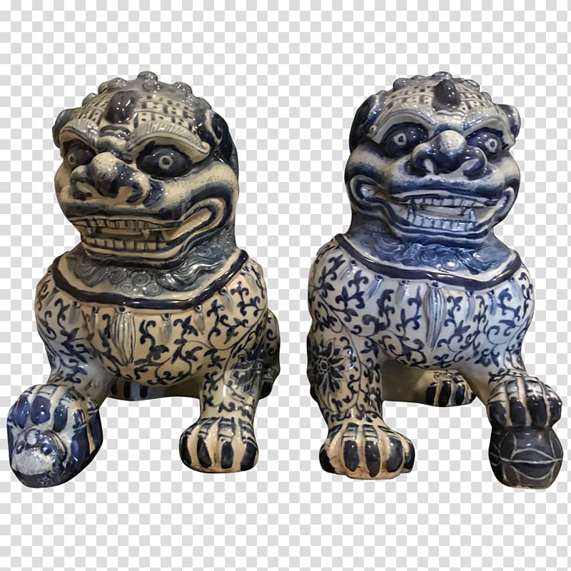 Pug Chinese guardian lions Statue Figurine, the blue and white porcelain transparent background PNG clipart