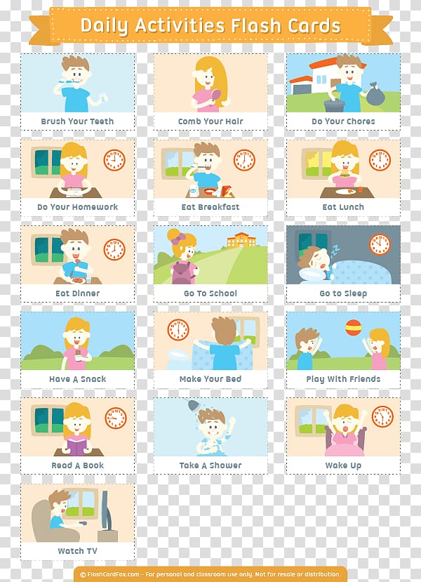 Vocabulary Educational Flash Cards Learning English Language Information, Daily routine transparent background PNG clipart